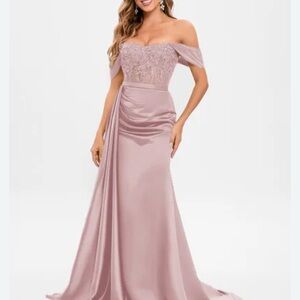 JJs House Elegant Off-Shoulder Mauve Prom Dress